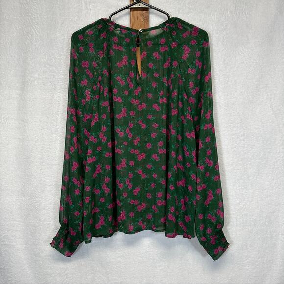 ModCloth Green & Pink Floral‎ Metallic Sheer Long Sleeve Blouse Size M - Picture 4 of 8
